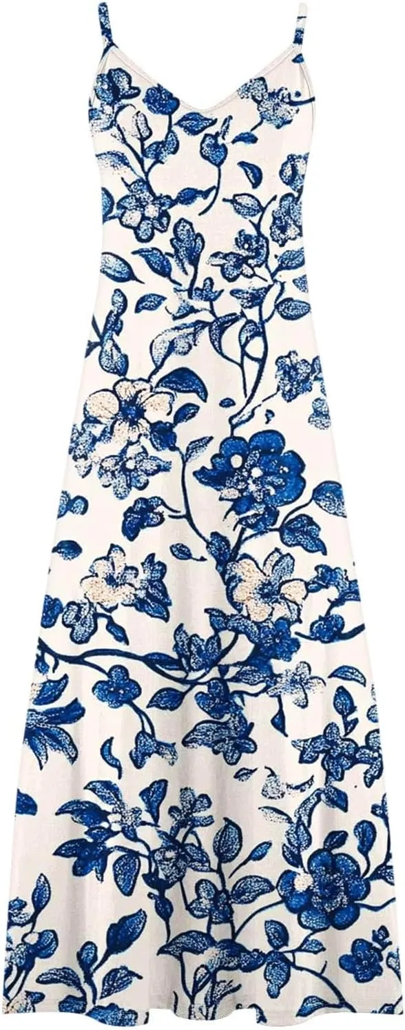 Women's Summer Maxi Dress 2025 Casual Spaghetti Straps V Neck Sundresses Boho Floral Print Beach Travel Cami Dresses