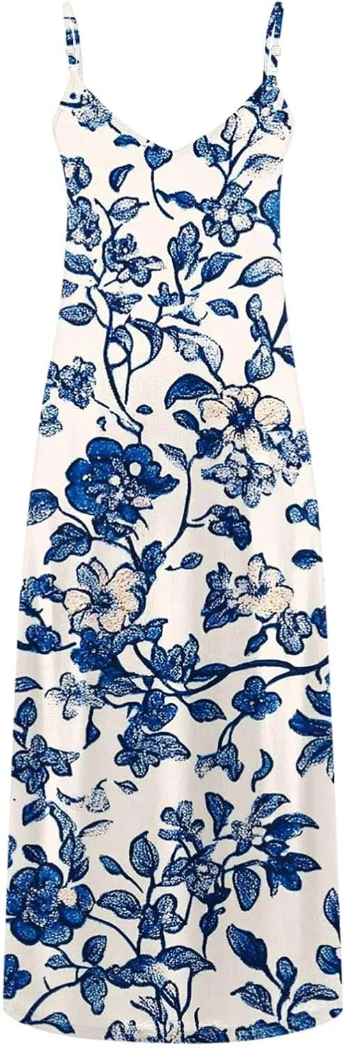 Women's Summer Maxi Dress 2025 Casual Spaghetti Straps V Neck Sundresses Boho Floral Print Beach Travel Cami Dresses