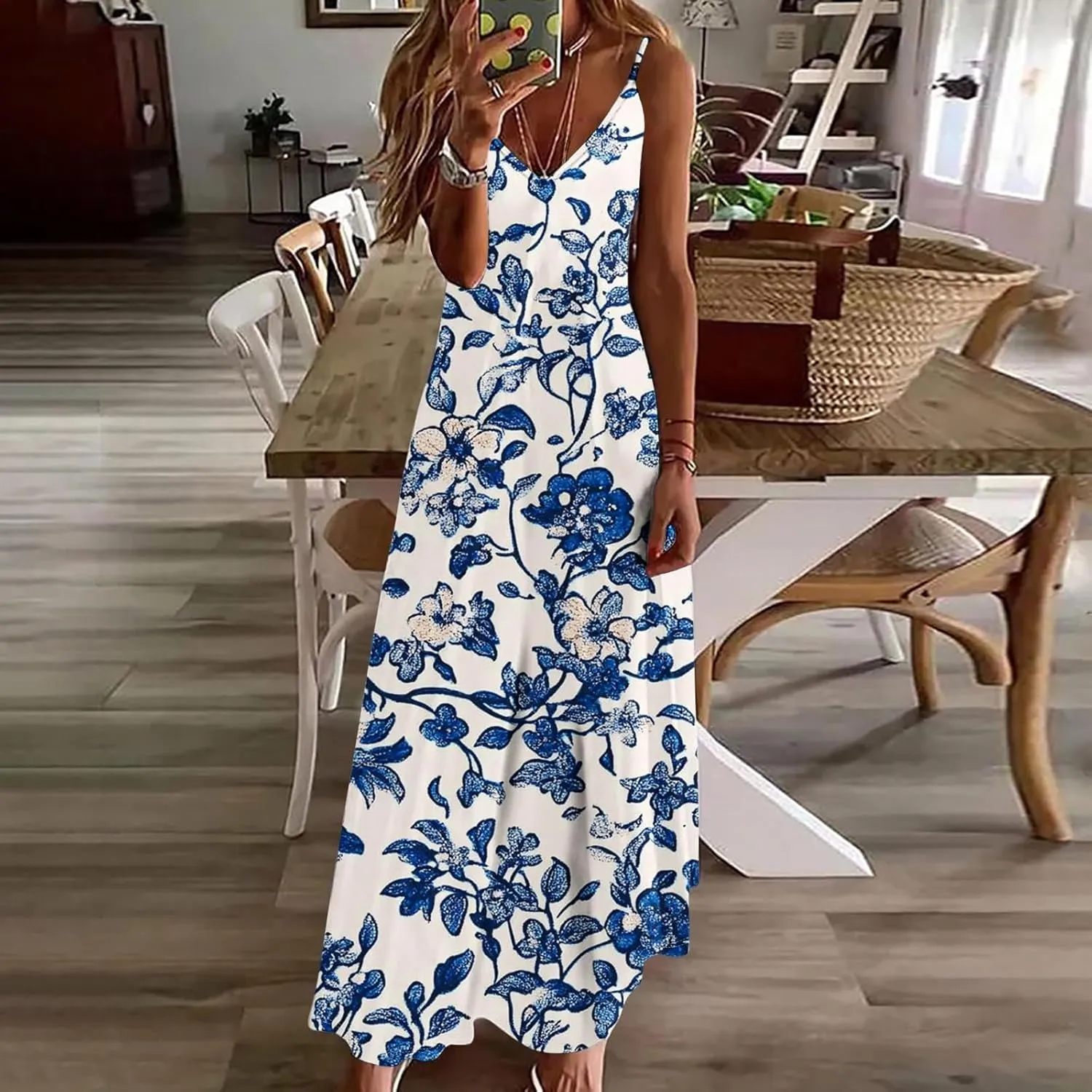 Women's Summer Maxi Dress 2025 Casual Spaghetti Straps V Neck Sundresses Boho Floral Print Beach Travel Cami Dresses