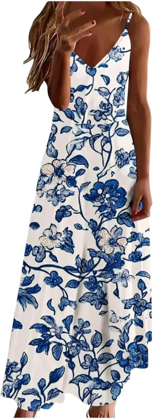 Women's Summer Maxi Dress 2025 Casual Spaghetti Straps V Neck Sundresses Boho Floral Print Beach Travel Cami Dresses
