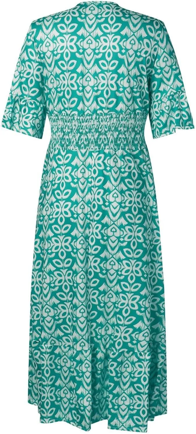 Womens Summer Maxi Dresses V Neck Floral Print Long Swing Dress 3/4 Sleeve Loose Casual Boho Beach Sun Dress