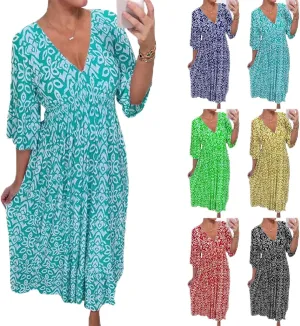 Womens Summer Maxi Dresses V Neck Floral Print Long Swing Dress 3/4 Sleeve Loose Casual Boho Beach Sun Dress