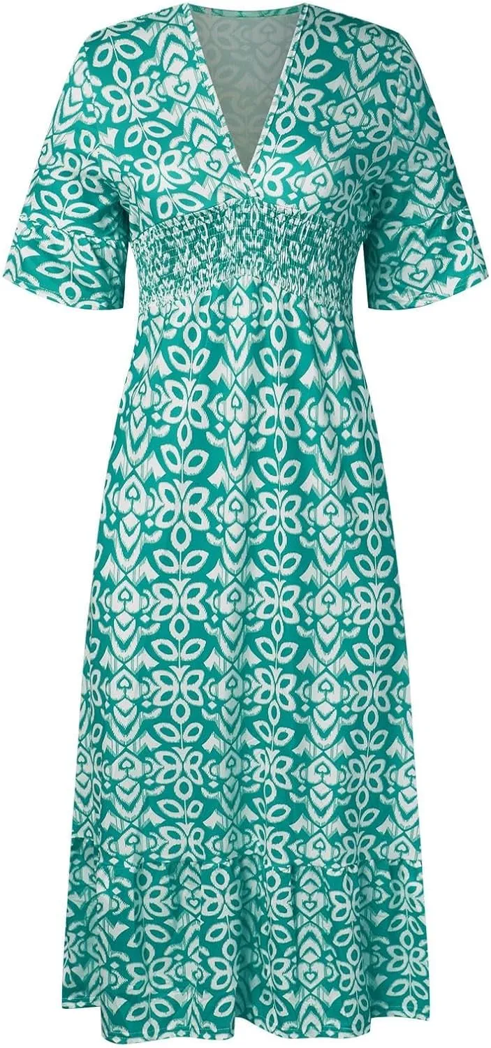 Womens Summer Maxi Dresses V Neck Floral Print Long Swing Dress 3/4 Sleeve Loose Casual Boho Beach Sun Dress