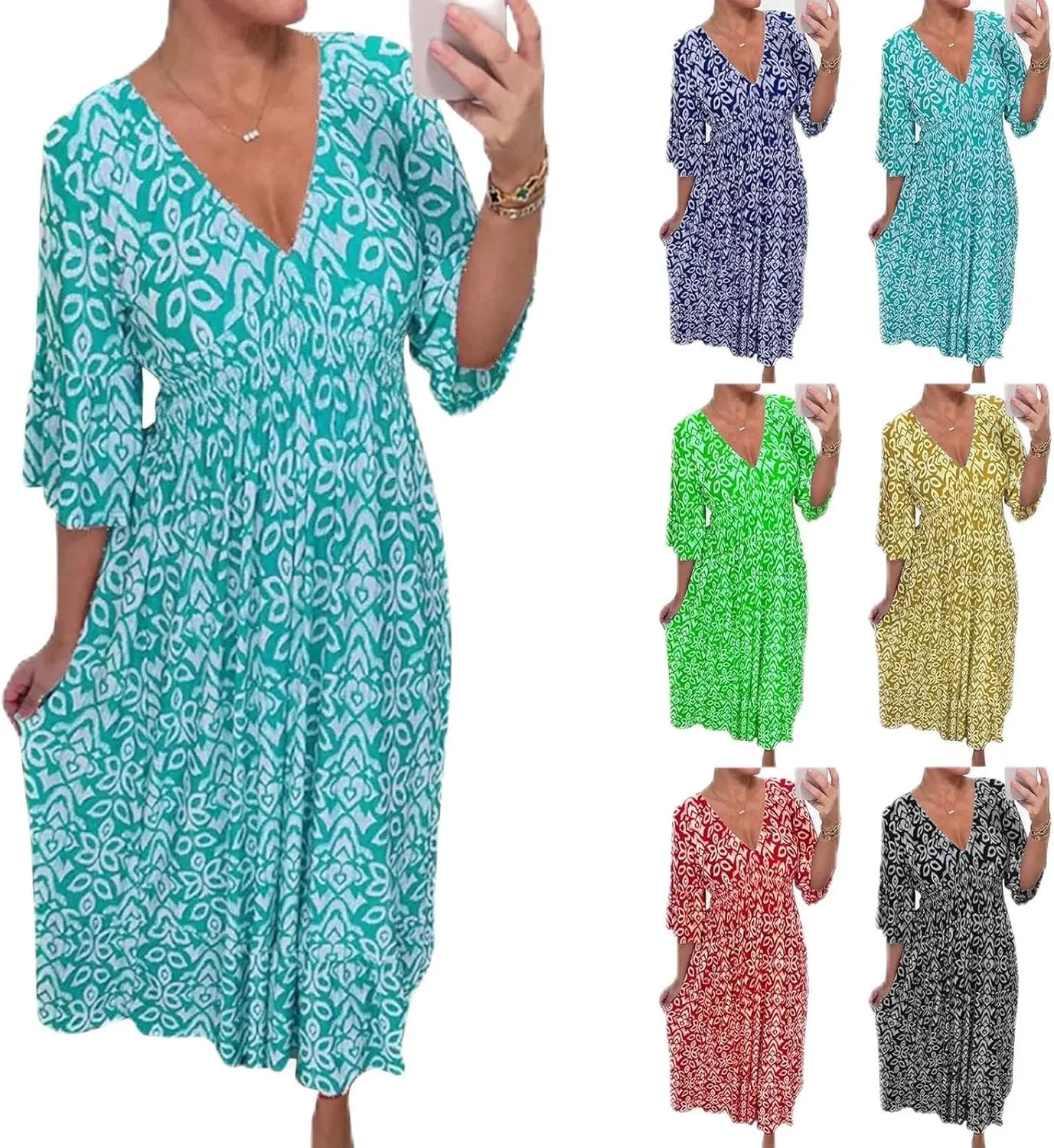 Womens Summer Maxi Dresses V Neck Floral Print Long Swing Dress 3/4 Sleeve Loose Casual Boho Beach Sun Dress