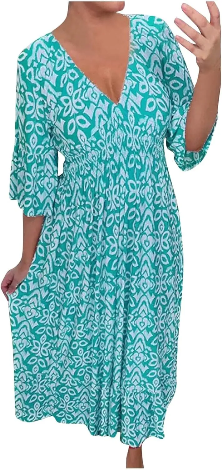 Womens Summer Maxi Dresses V Neck Floral Print Long Swing Dress 3/4 Sleeve Loose Casual Boho Beach Sun Dress