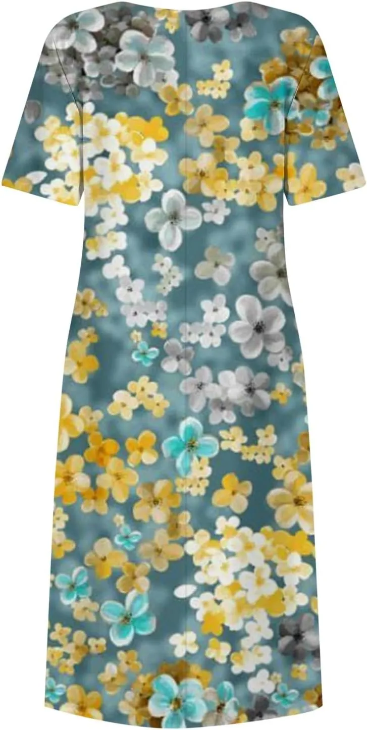 Women's Summer Short Sleeve A-Line Midi Dresses Casual Floral T-Shirt Dress Flowy Beach Sundress with Pockets