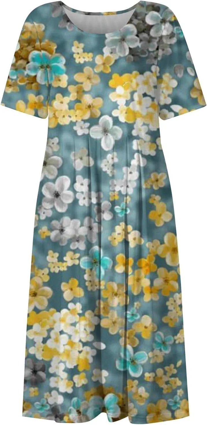 Women's Summer Short Sleeve A-Line Midi Dresses Casual Floral T-Shirt Dress Flowy Beach Sundress with Pockets