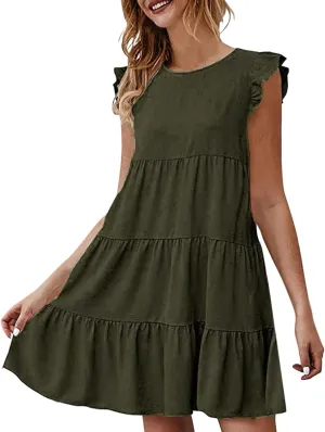 Women's Summer Sleeveless Ruffle Sleeve Round Neck Solid Color Loose Short Flowy Pleated Mini Swing Dress