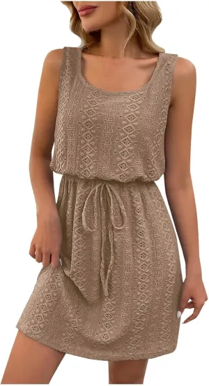 Womens Summer Tank Dress Drawstring Waist Dressy Casual Sleeveless Mini Sundress Casual Cute Jacquard Dresses 2025