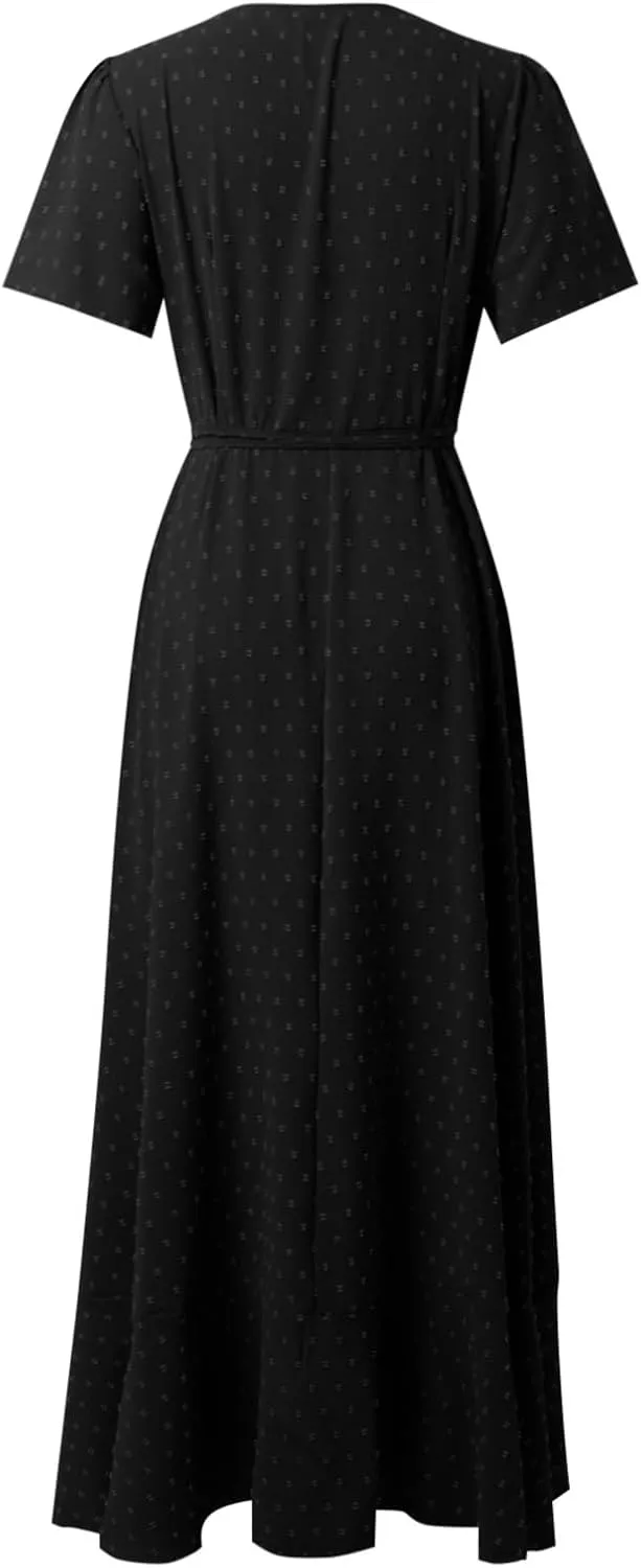 Women's Summer Wrap Maxi Dress Casual Boho Floral V Neck Short Sleeve Ruffle Hem Split Beach Long Dress Casual