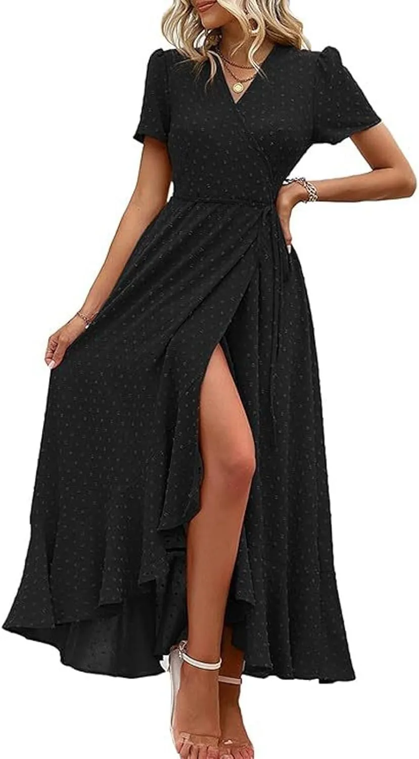 Women's Summer Wrap Maxi Dress Casual Boho Floral V Neck Short Sleeve Ruffle Hem Split Beach Long Dress Casual