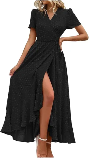 Women's Summer Wrap Maxi Dress Casual Boho Floral V Neck Short Sleeve Ruffle Hem Split Beach Long Dress Casual