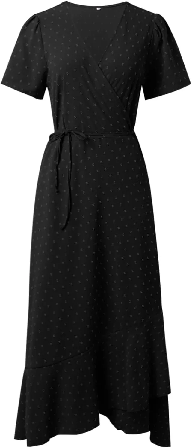 Women's Summer Wrap Maxi Dress Casual Boho Floral V Neck Short Sleeve Ruffle Hem Split Beach Long Dress Casual