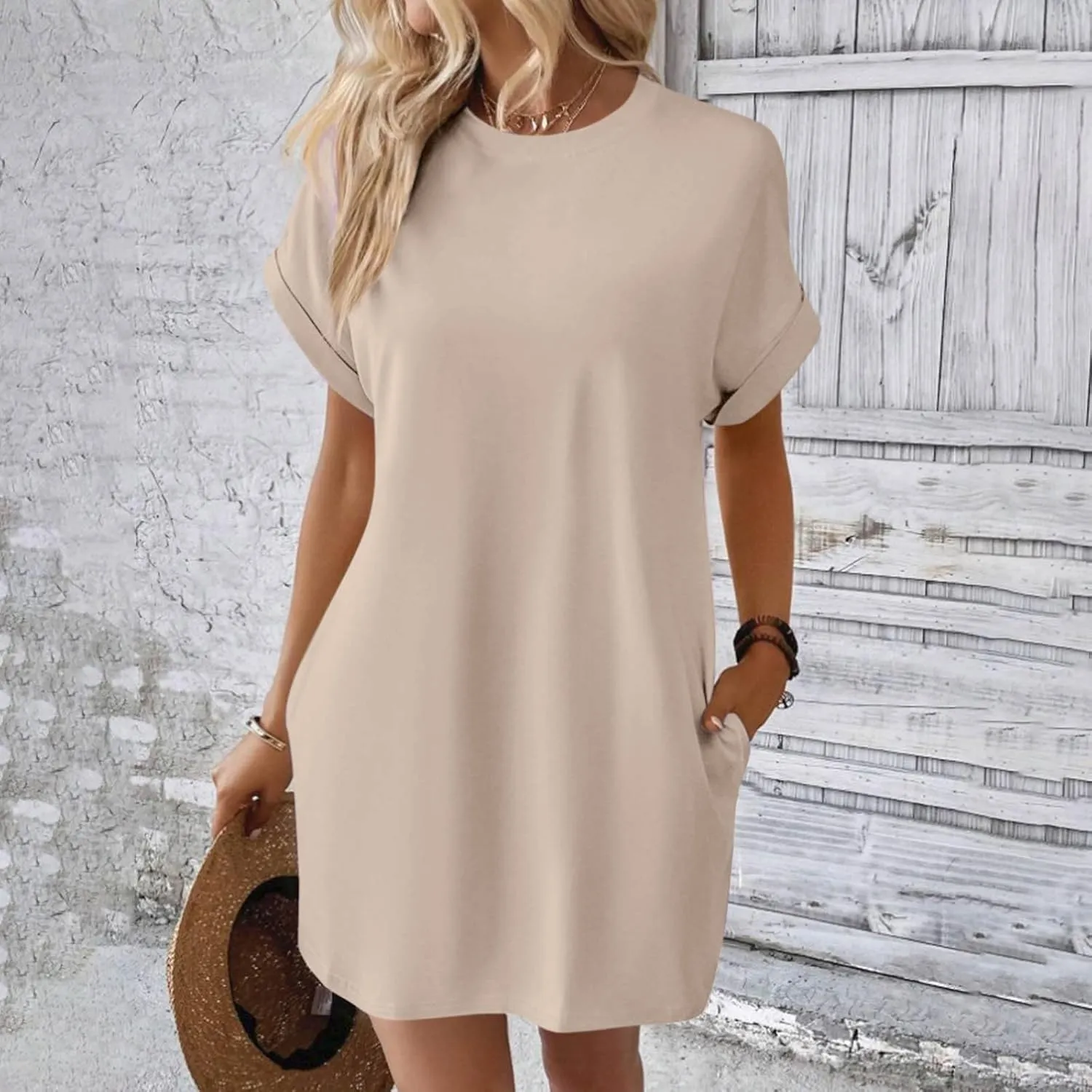Women's Sun Dresses 2025 Vacation Summer Casual Loose Trendy Short Sleeve Round Neck Solid Color Dress, S-2XL