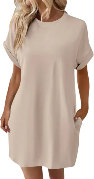 Women's Sun Dresses 2025 Vacation Summer Casual Loose Trendy Short Sleeve Round Neck Solid Color Dress, S-2XL