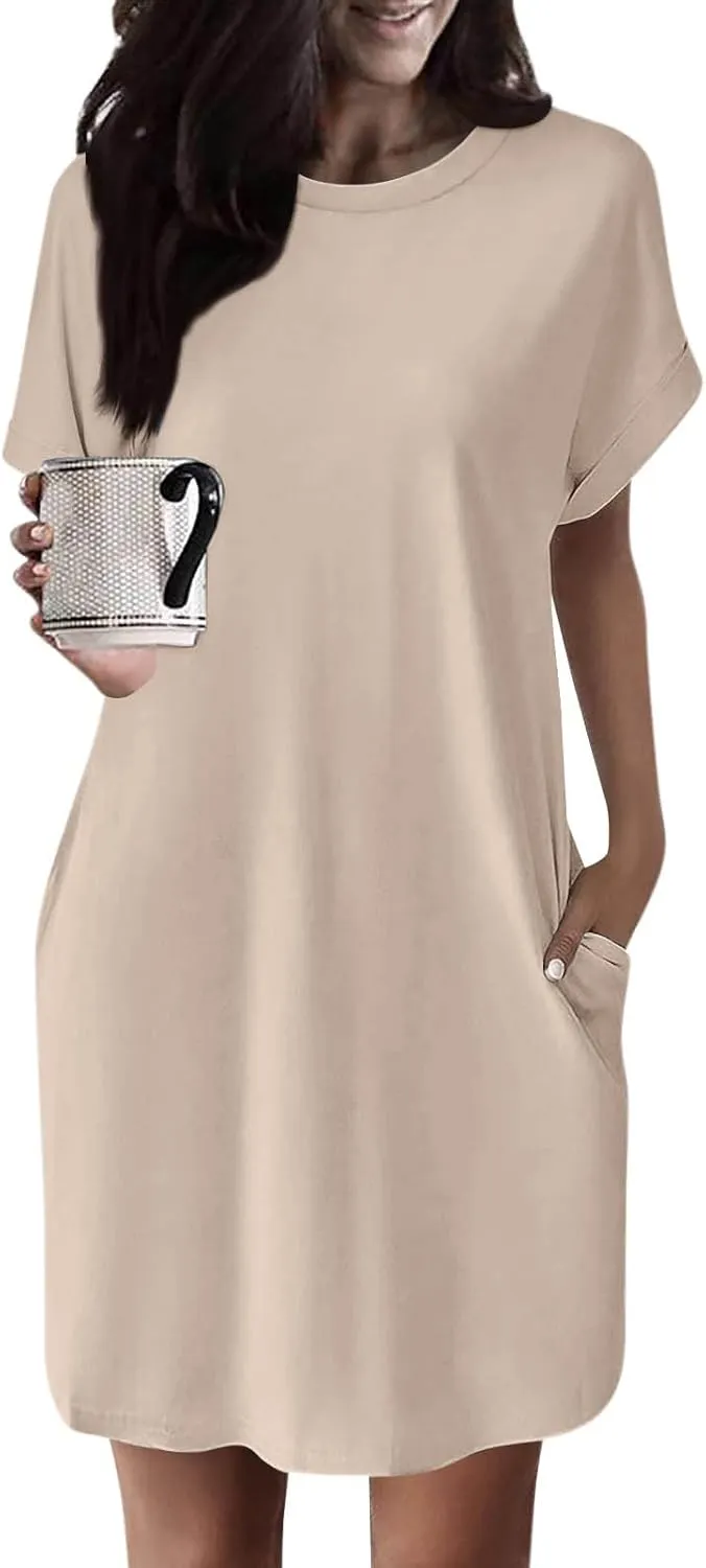 Women's Sun Dresses 2025 Vacation Summer Casual Loose Trendy Short Sleeve Round Neck Solid Color Dress, S-2XL