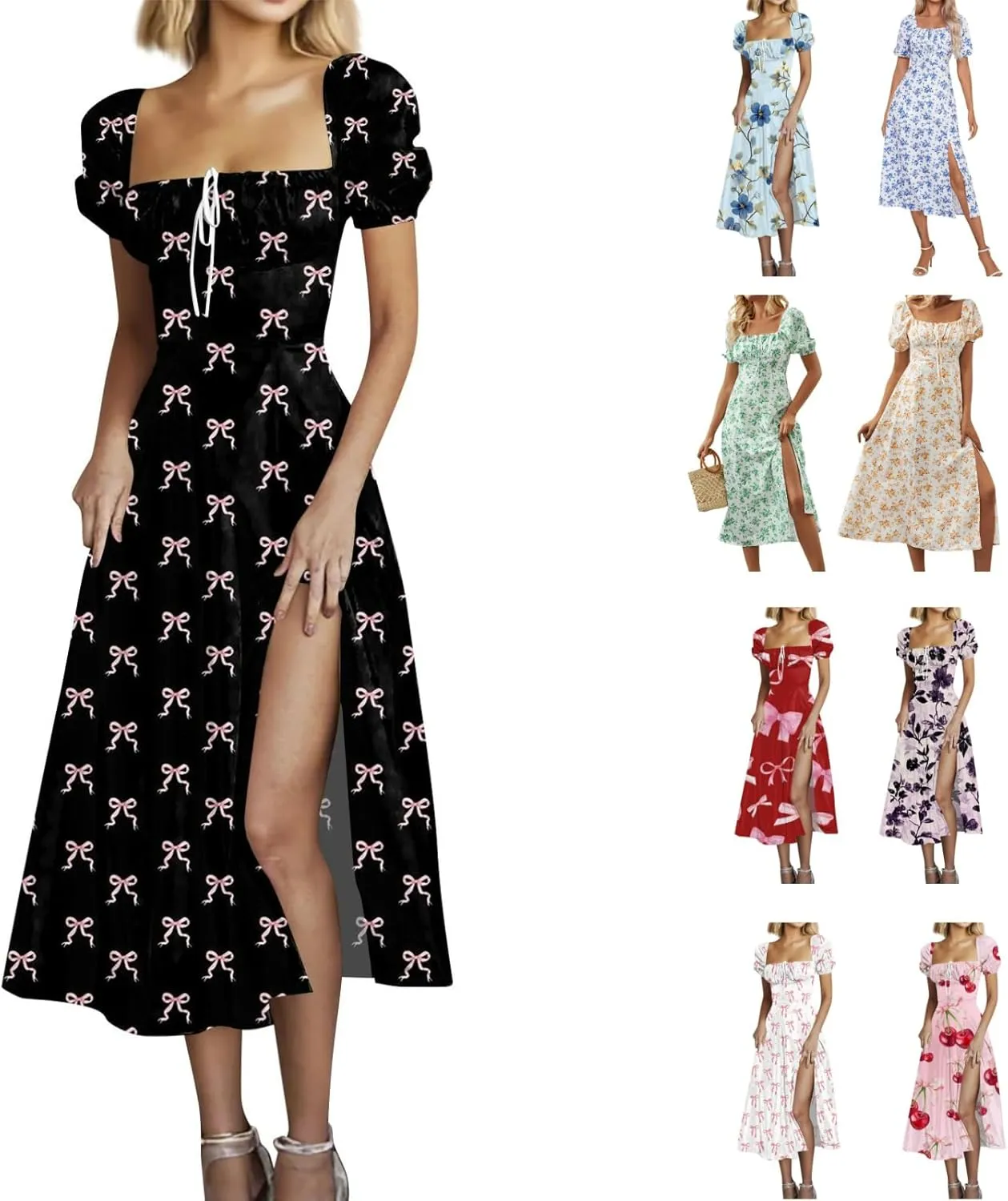 Women's Sundresses 2025 Summer Casual Loose Trendy Bubble Sleeve Square Neck Split Bow Floral Print Dress Plus Size, XS-3XL