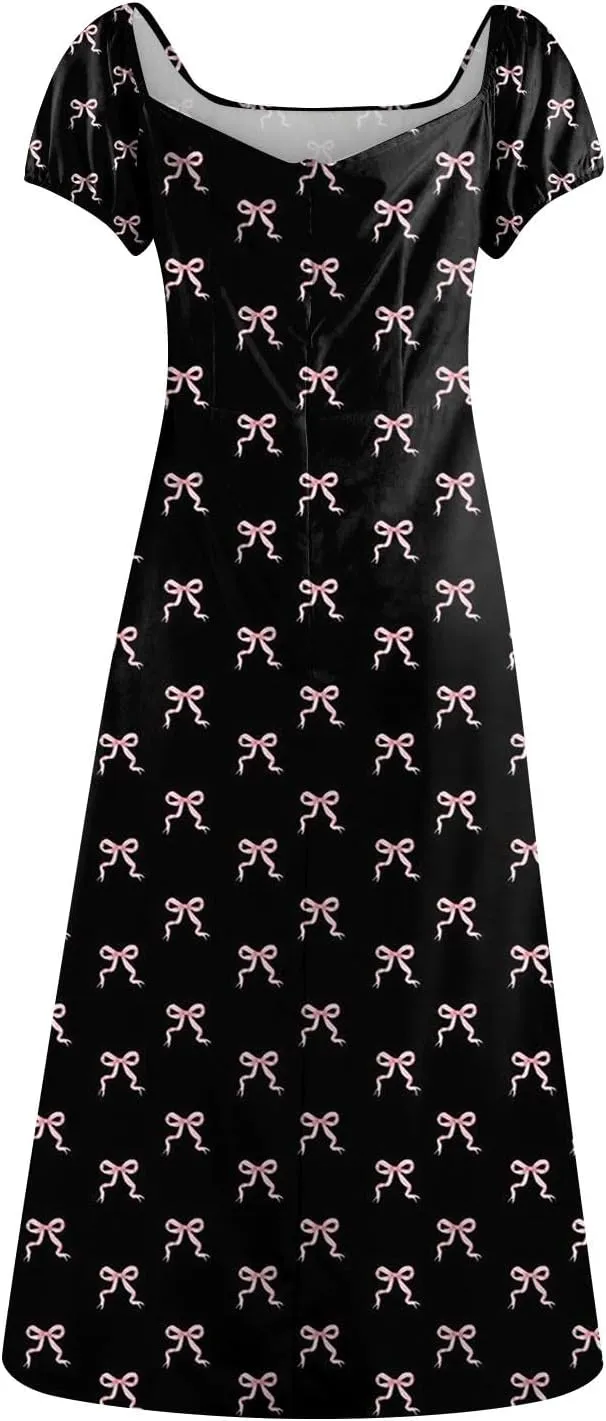 Women's Sundresses 2025 Summer Casual Loose Trendy Bubble Sleeve Square Neck Split Bow Floral Print Dress Plus Size, XS-3XL