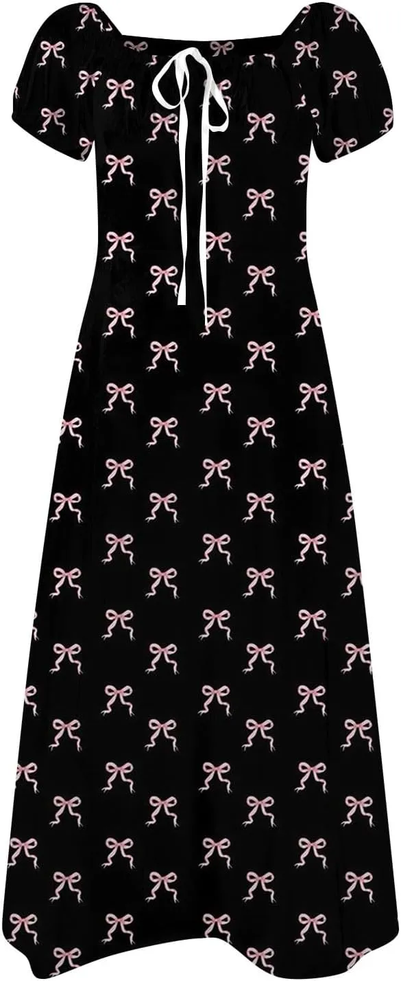 Women's Sundresses 2025 Summer Casual Loose Trendy Bubble Sleeve Square Neck Split Bow Floral Print Dress Plus Size, XS-3XL