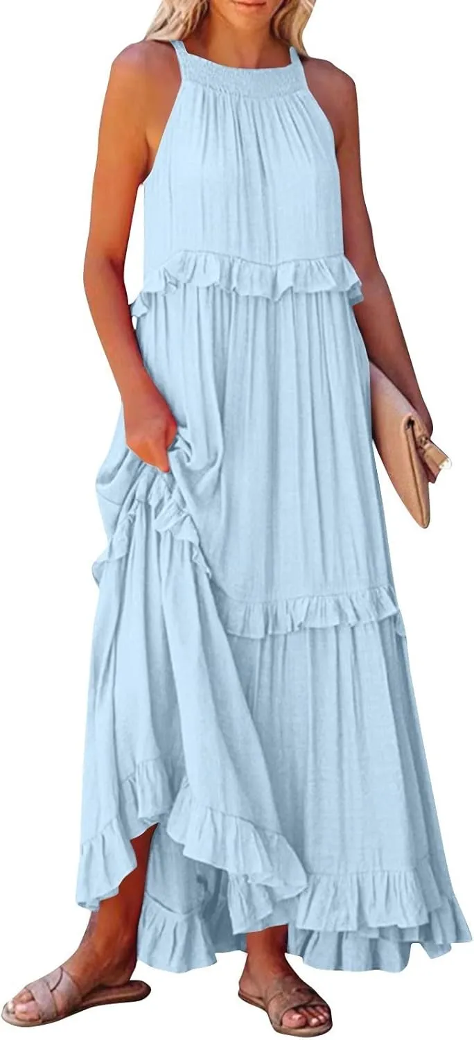 Women's Sundresses 2025 Summer Casual Loose Trendy Sleeveless Solid Color Flowy Maxi Beach Dress, S-2XL