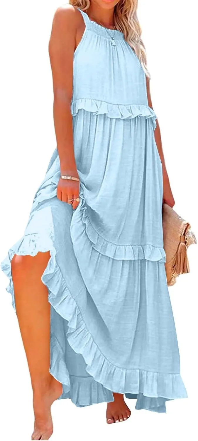 Women's Sundresses 2025 Summer Casual Loose Trendy Sleeveless Solid Color Flowy Maxi Beach Dress, S-2XL