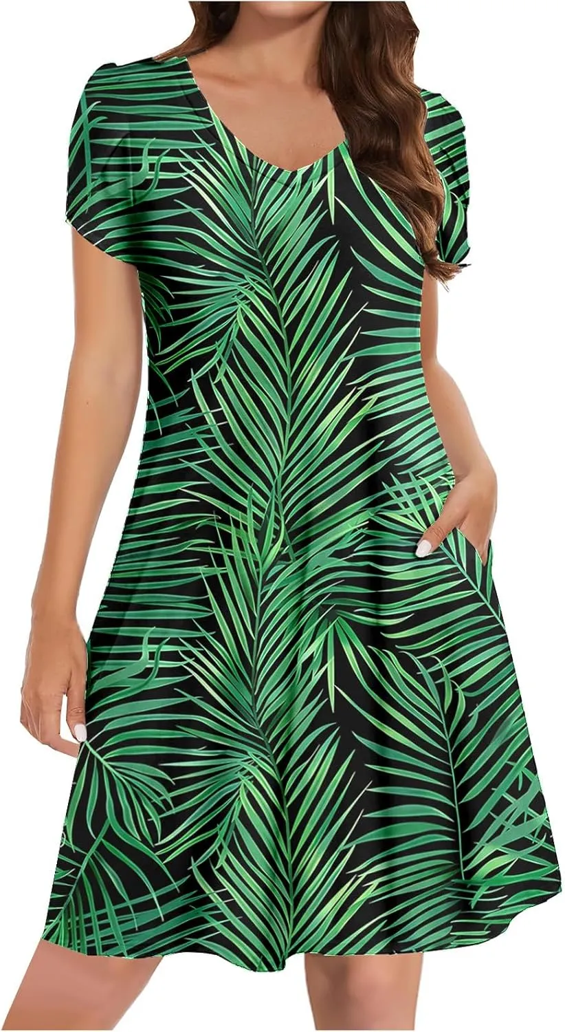 Womens Sundresses for Beach Vacation Plus Size Pleated Flowy Midi Dress Summer Casual Tshirt Mini Dress