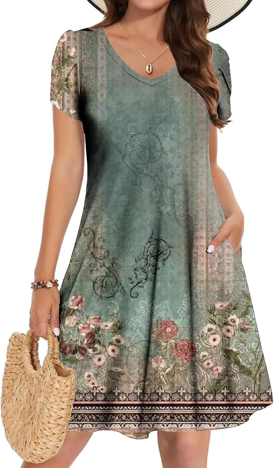 Womens Sundresses for Beach Vacation Plus Size Pleated Flowy Midi Dress Summer Casual Tshirt Mini Dress