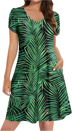 Womens Sundresses for Beach Vacation Plus Size Pleated Flowy Midi Dress Summer Casual Tshirt Mini Dress