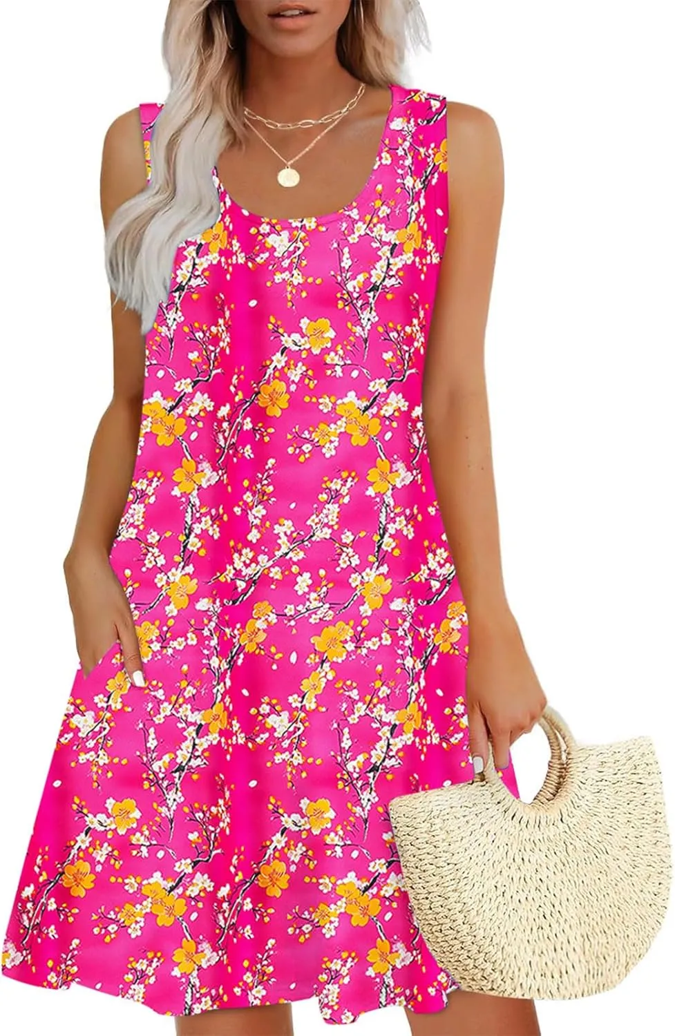 Womens Sundresses for Beach Vacation Sun Dress Sleeveless Tank Dress Boho Floral Printed Mini Dresses