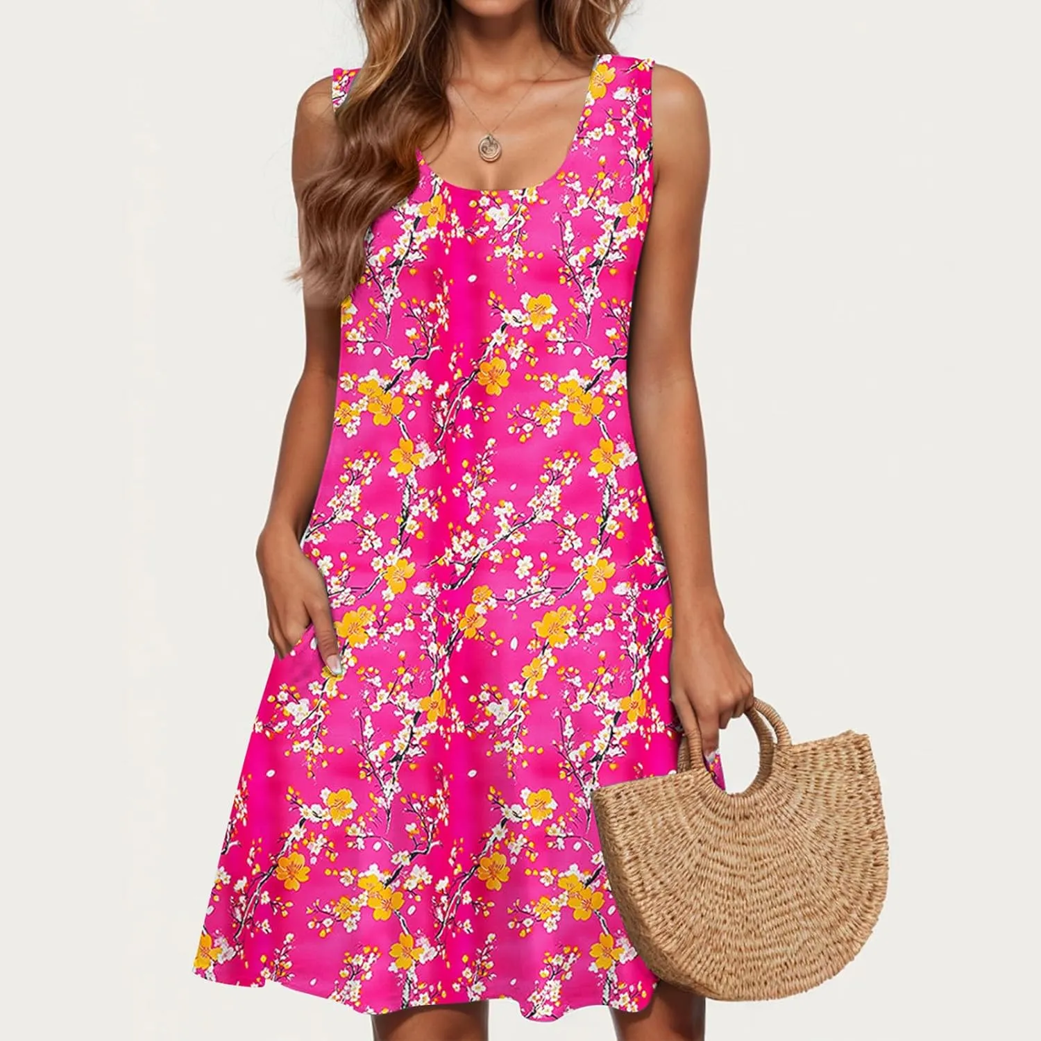 Womens Sundresses for Beach Vacation Sun Dress Sleeveless Tank Dress Boho Floral Printed Mini Dresses