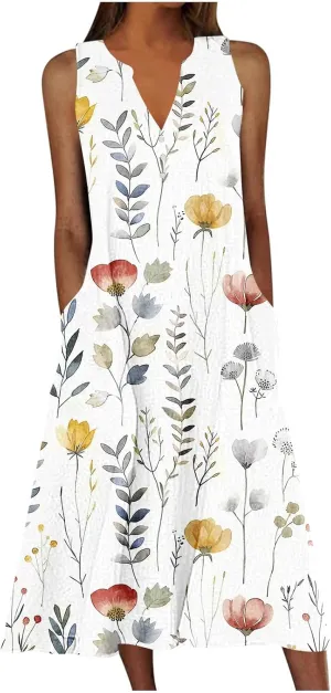 Womens Sundresses for Cruise Vacation Plus Flowy Party Beach Long Dress Sleeveless V Neck Maxi Dress with Pockets