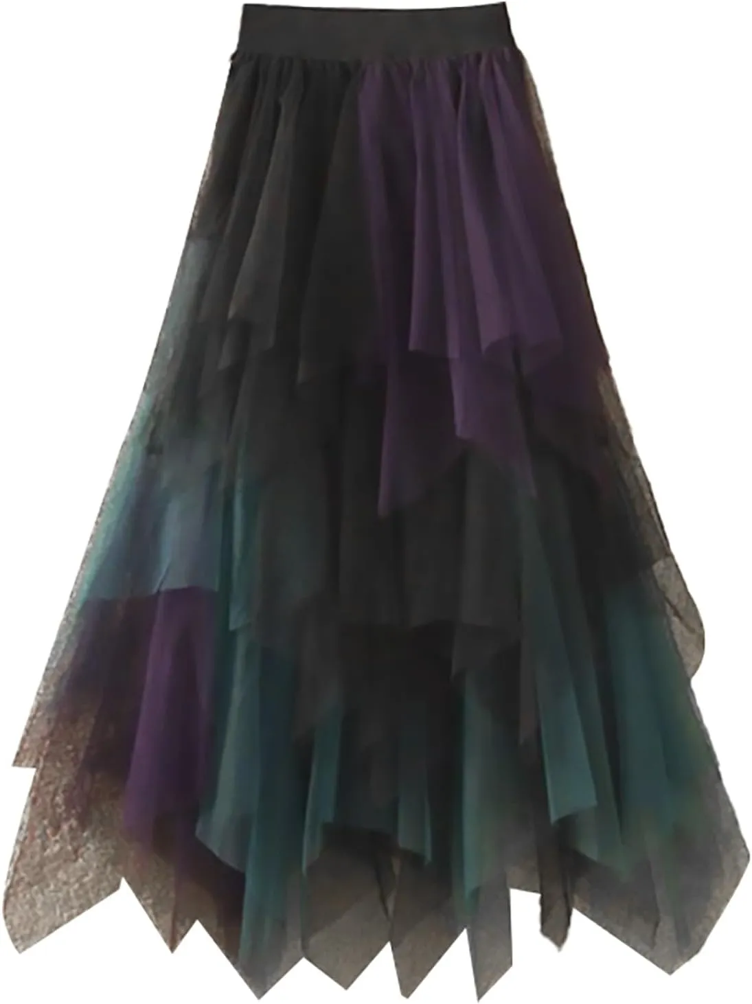 Womens Tulle Skirts Midi Elastic High Waist Pleated Mesh Flowy Rainbow A-Line Party Long Tutu Skirts