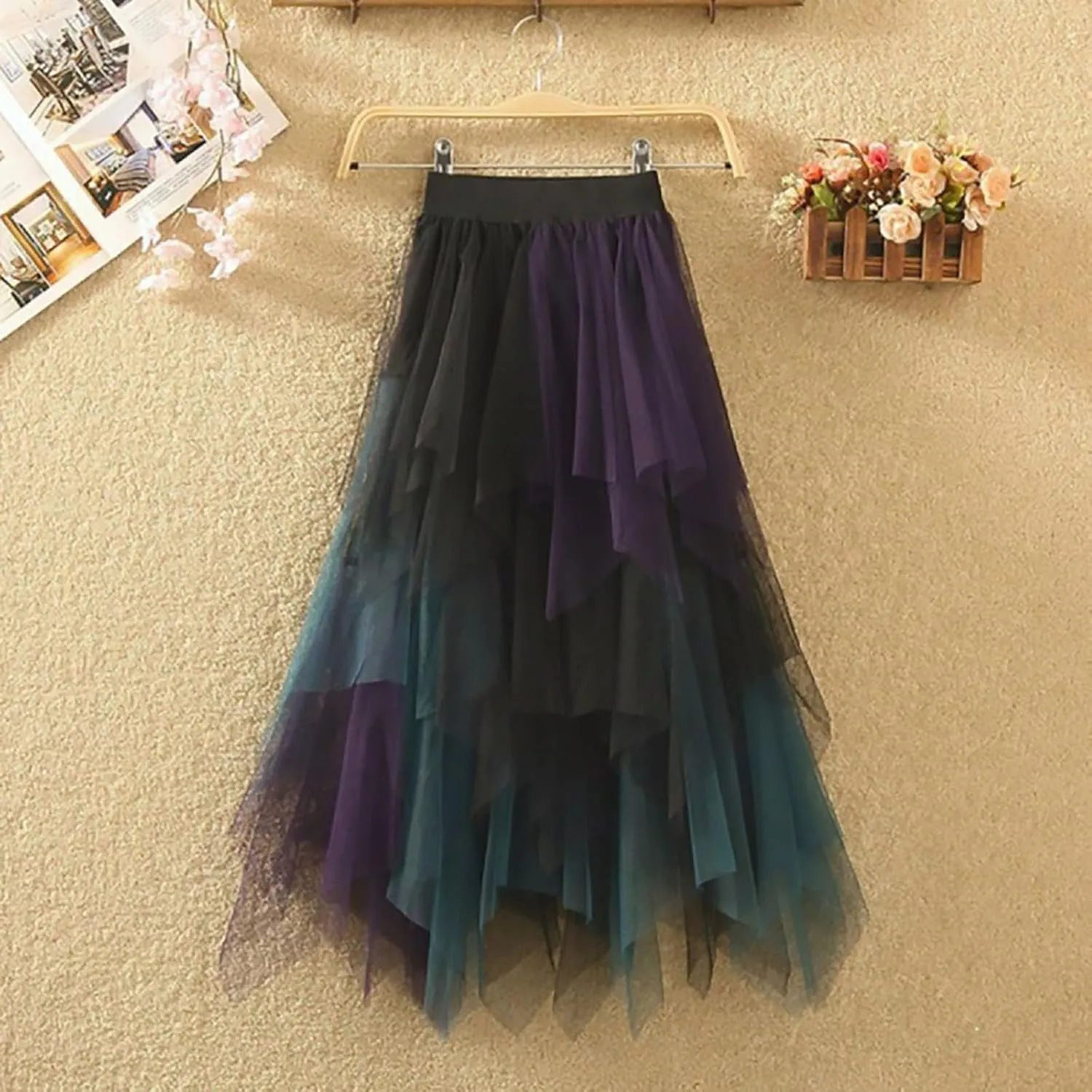 Womens Tulle Skirts Midi Elastic High Waist Pleated Mesh Flowy Rainbow A-Line Party Long Tutu Skirts