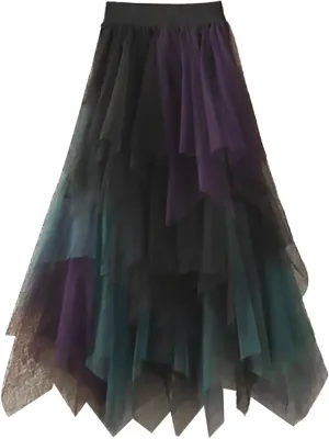 Womens Tulle Skirts Midi Elastic High Waist Pleated Mesh Flowy Rainbow A-Line Party Long Tutu Skirts