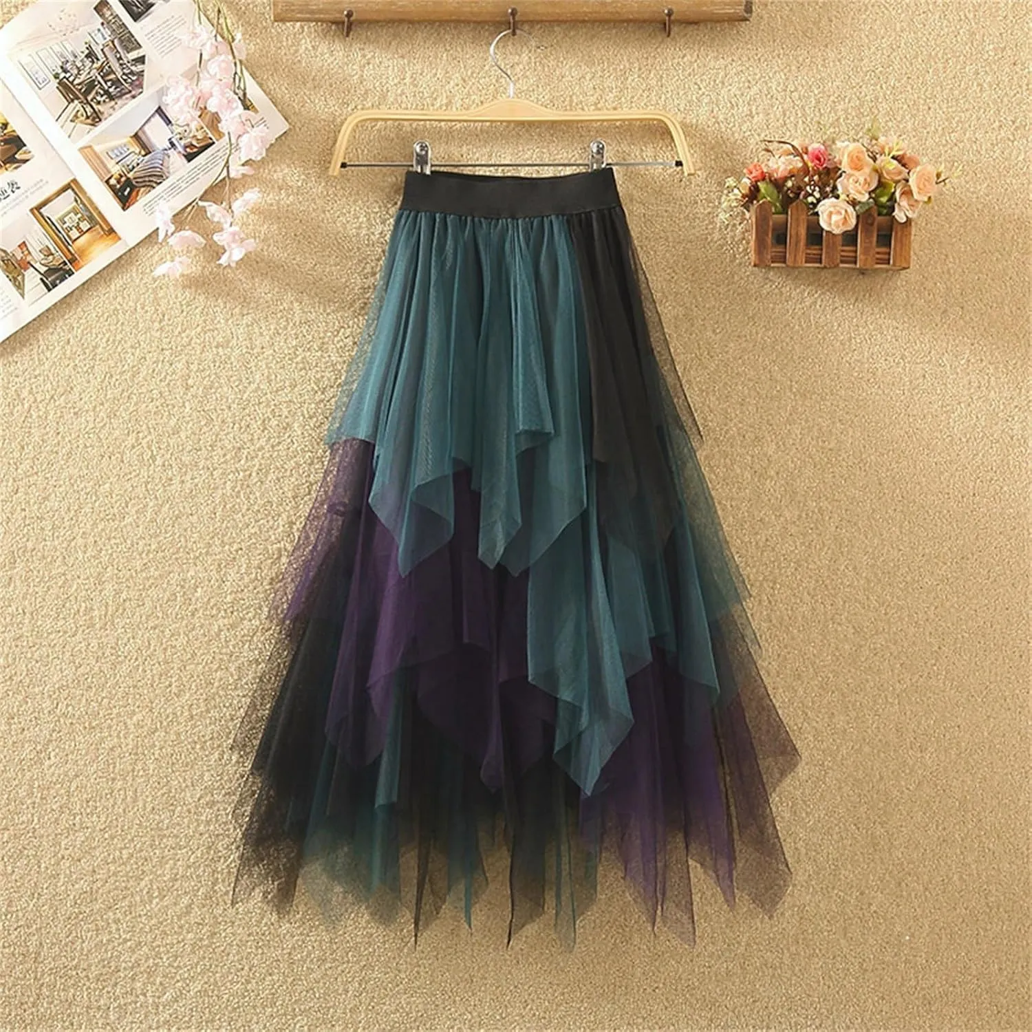 Womens Tulle Skirts Midi Elastic High Waist Pleated Mesh Flowy Rainbow A-Line Party Long Tutu Skirts