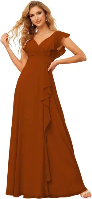 Women's V-Neck Bridesmaid Dresses 2025 Chiffon Ruffles Formal Dress A-Line Evening Gown with Split