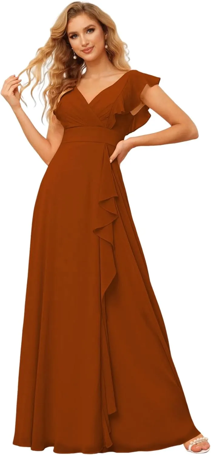 Women's V-Neck Bridesmaid Dresses 2025 Chiffon Ruffles Formal Dress A-Line Evening Gown with Split