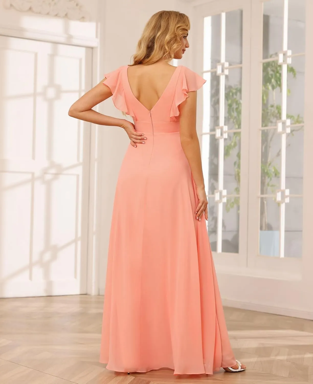 Women's V-Neck Bridesmaid Dresses 2025 Chiffon Ruffles Formal Dress A-Line Evening Gown with Split