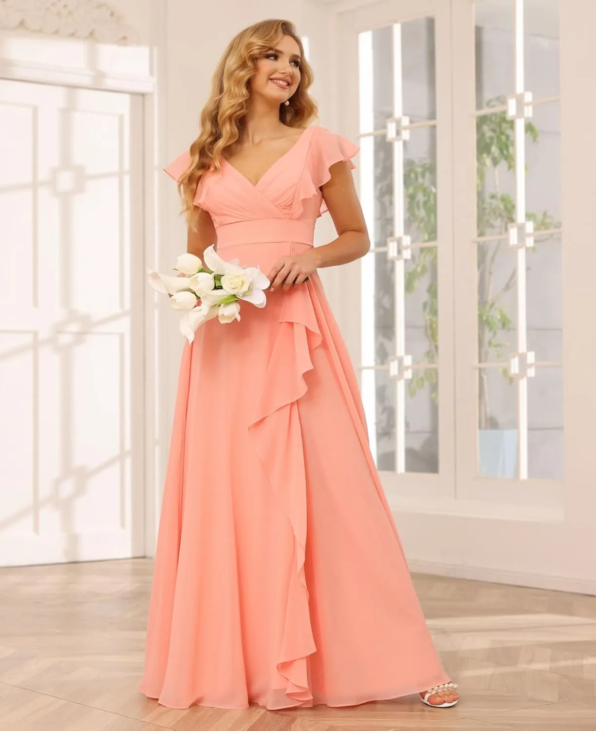 Women's V-Neck Bridesmaid Dresses 2025 Chiffon Ruffles Formal Dress A-Line Evening Gown with Split
