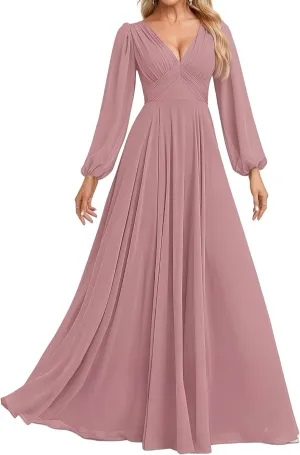 Women's V Neck Bridesmaid Dresses Sleeves Floor Length A-Line Pleated Chiffon Evening Formal Gown