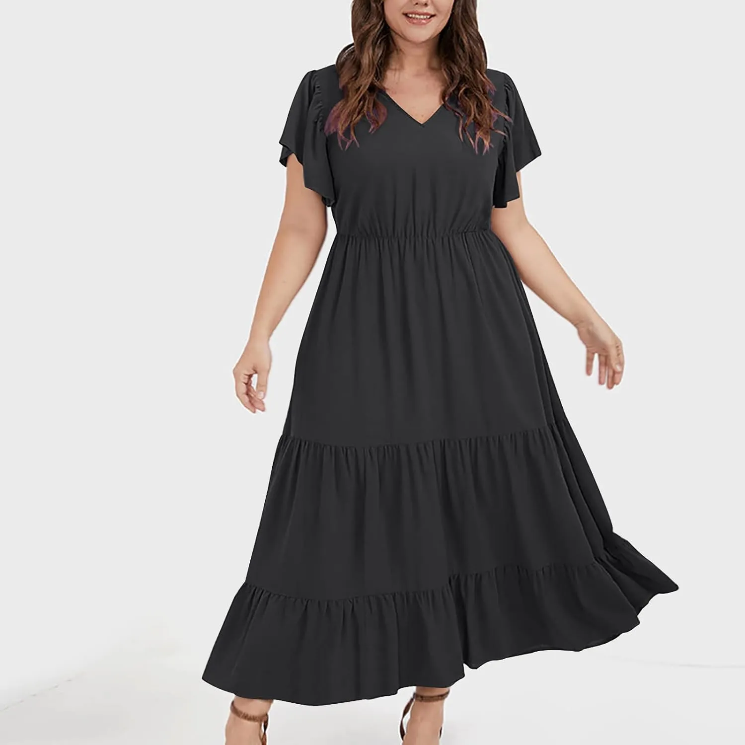 Womens V Neck Dresses Casual Short Sleeve Solid Midi Dress Plus Size Lightweight Elegant High Waist Dress Daily Wear