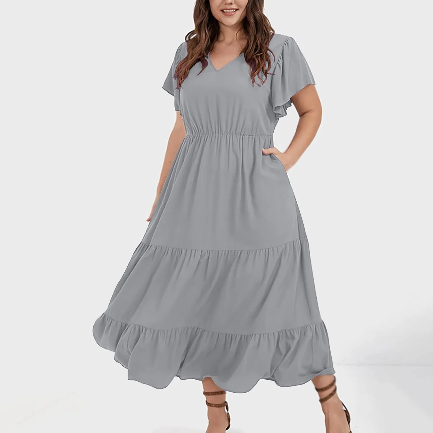 Womens V Neck Dresses Casual Short Sleeve Solid Midi Dress Plus Size Lightweight Elegant High Waist Dress Daily Wear