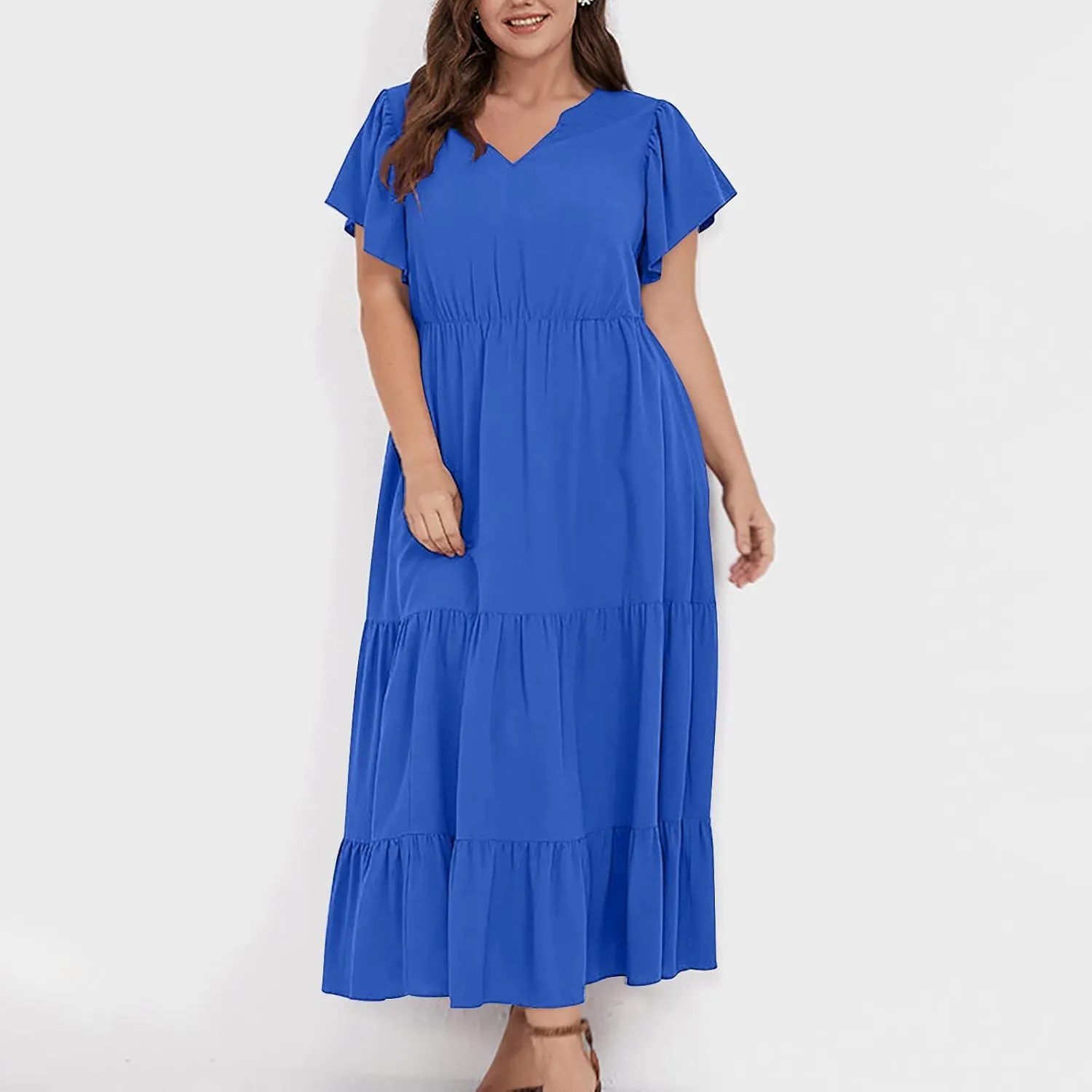 Womens V Neck Dresses Casual Short Sleeve Solid Midi Dress Plus Size Lightweight Elegant High Waist Dress Daily Wear