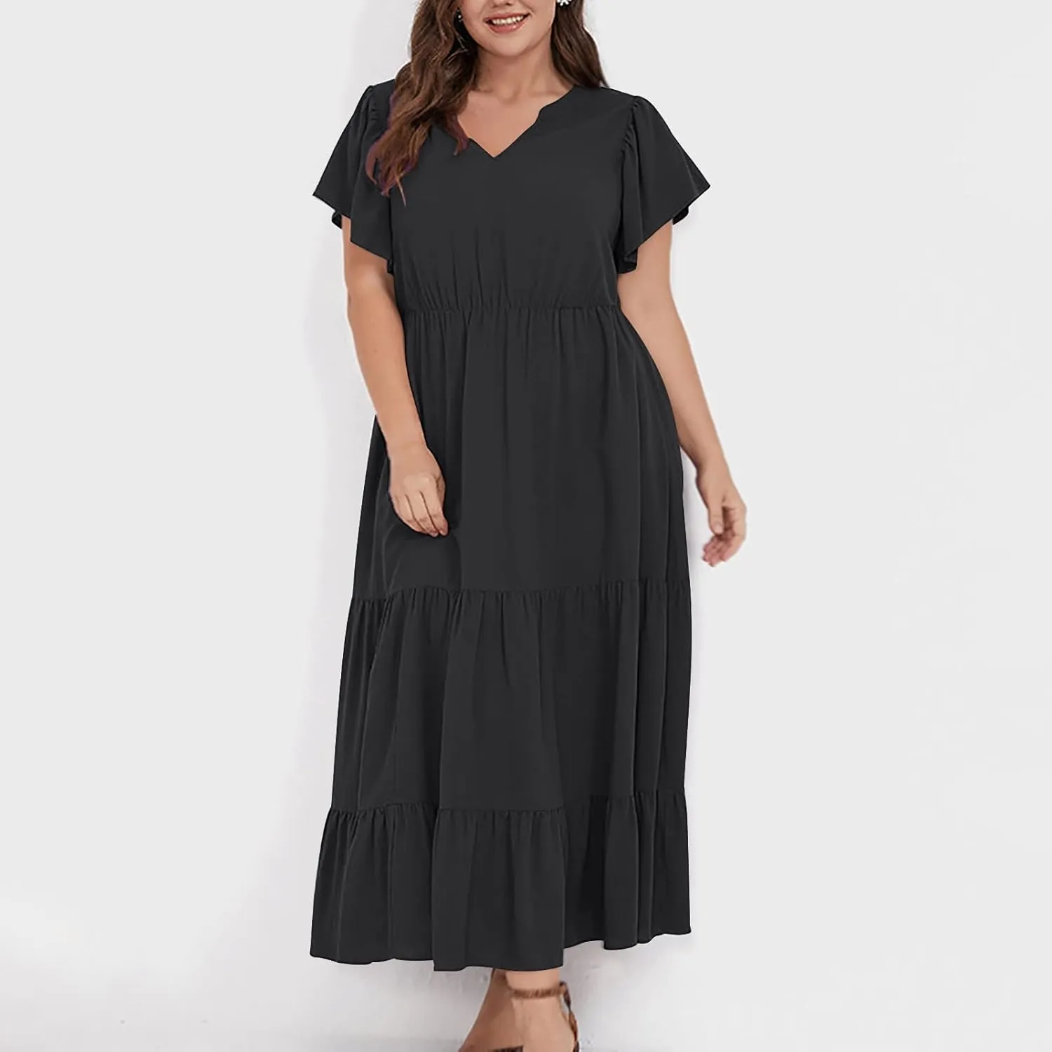 Womens V Neck Dresses Casual Short Sleeve Solid Midi Dress Plus Size Lightweight Elegant High Waist Dress Daily Wear