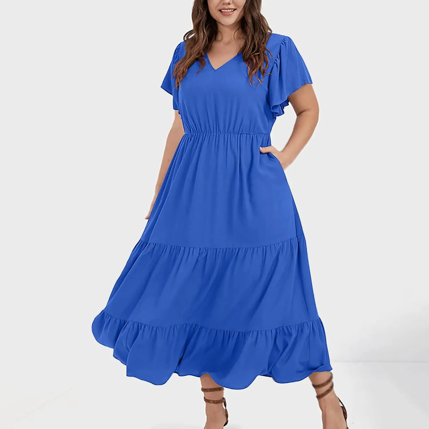 Womens V Neck Dresses Casual Short Sleeve Solid Midi Dress Plus Size Lightweight Elegant High Waist Dress Daily Wear