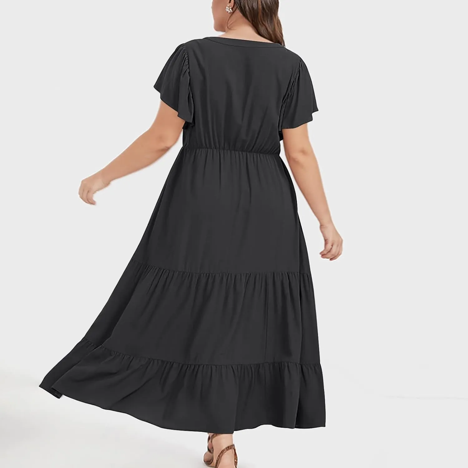 Womens V Neck Dresses Casual Short Sleeve Solid Midi Dress Plus Size Lightweight Elegant High Waist Dress Daily Wear