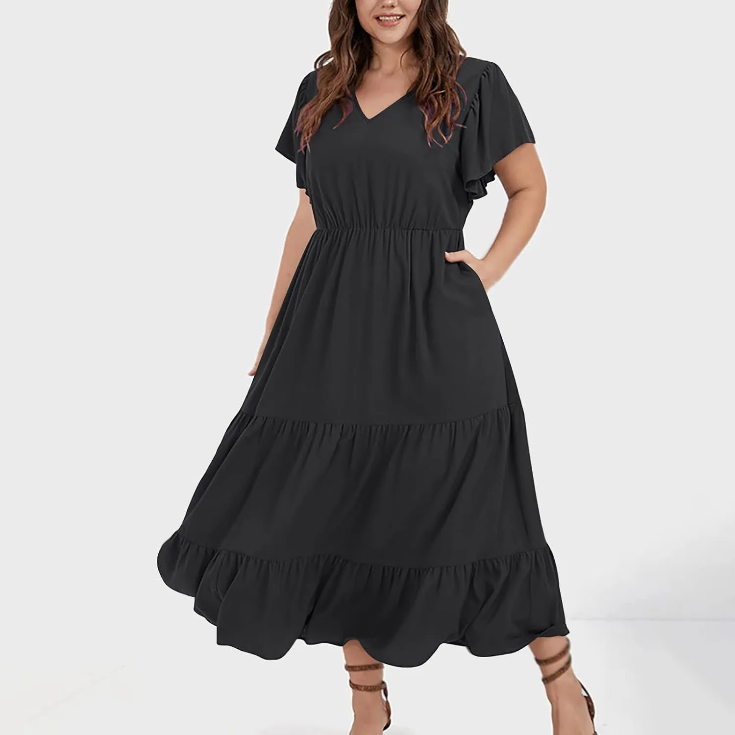 Womens V Neck Dresses Casual Short Sleeve Solid Midi Dress Plus Size Lightweight Elegant High Waist Dress Daily Wear