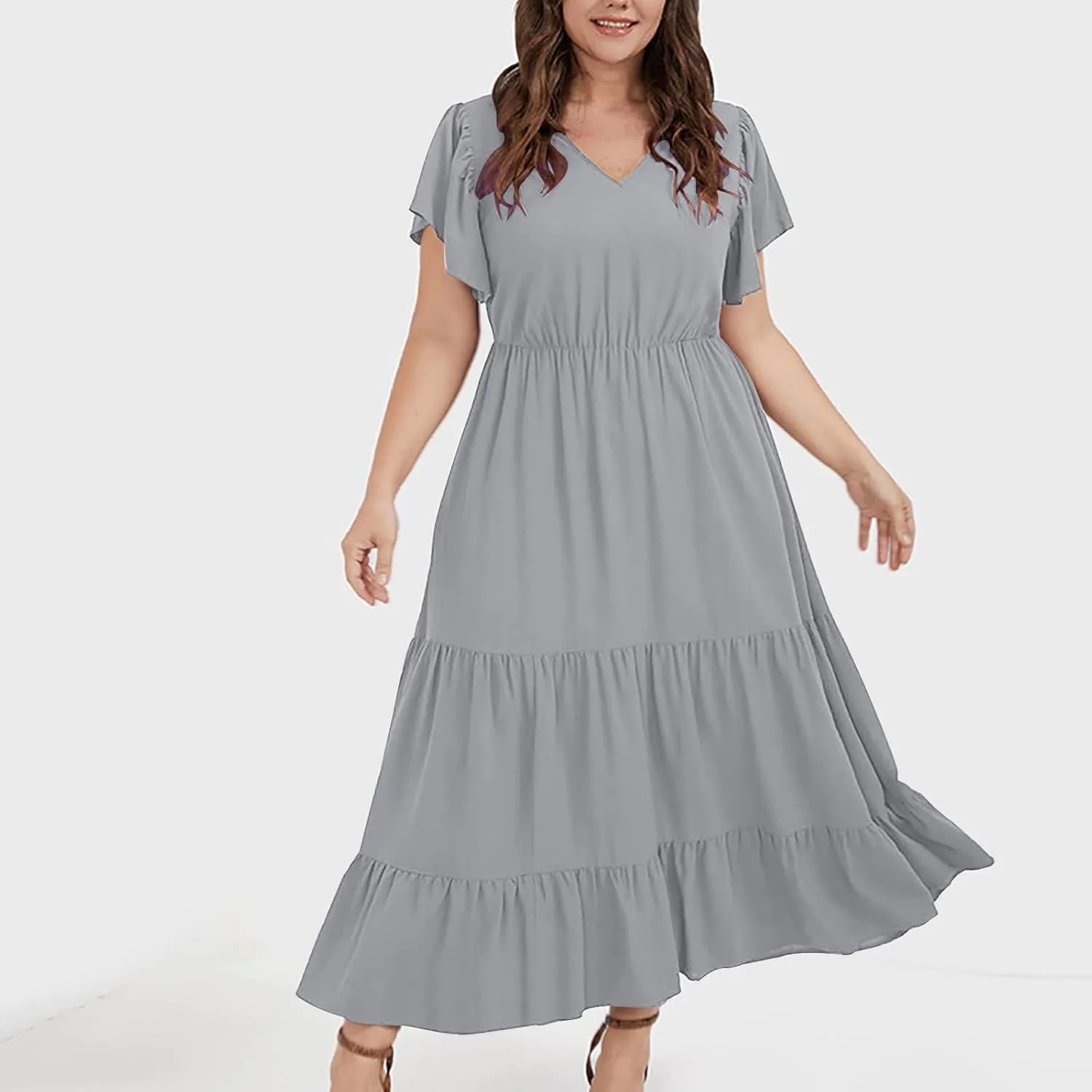 Womens V Neck Dresses Casual Short Sleeve Solid Midi Dress Plus Size Lightweight Elegant High Waist Dress Daily Wear