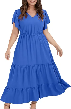 Womens V Neck Dresses Casual Short Sleeve Solid Midi Dress Plus Size Lightweight Elegant High Waist Dress Daily Wear