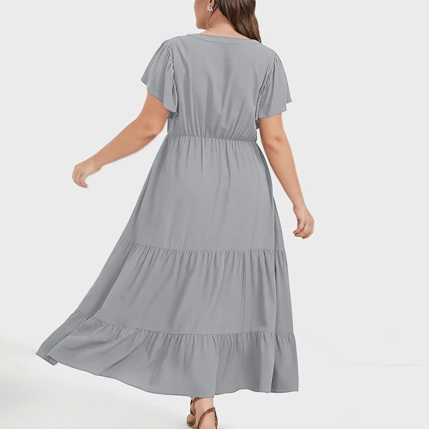 Womens V Neck Dresses Casual Short Sleeve Solid Midi Dress Plus Size Lightweight Elegant High Waist Dress Daily Wear